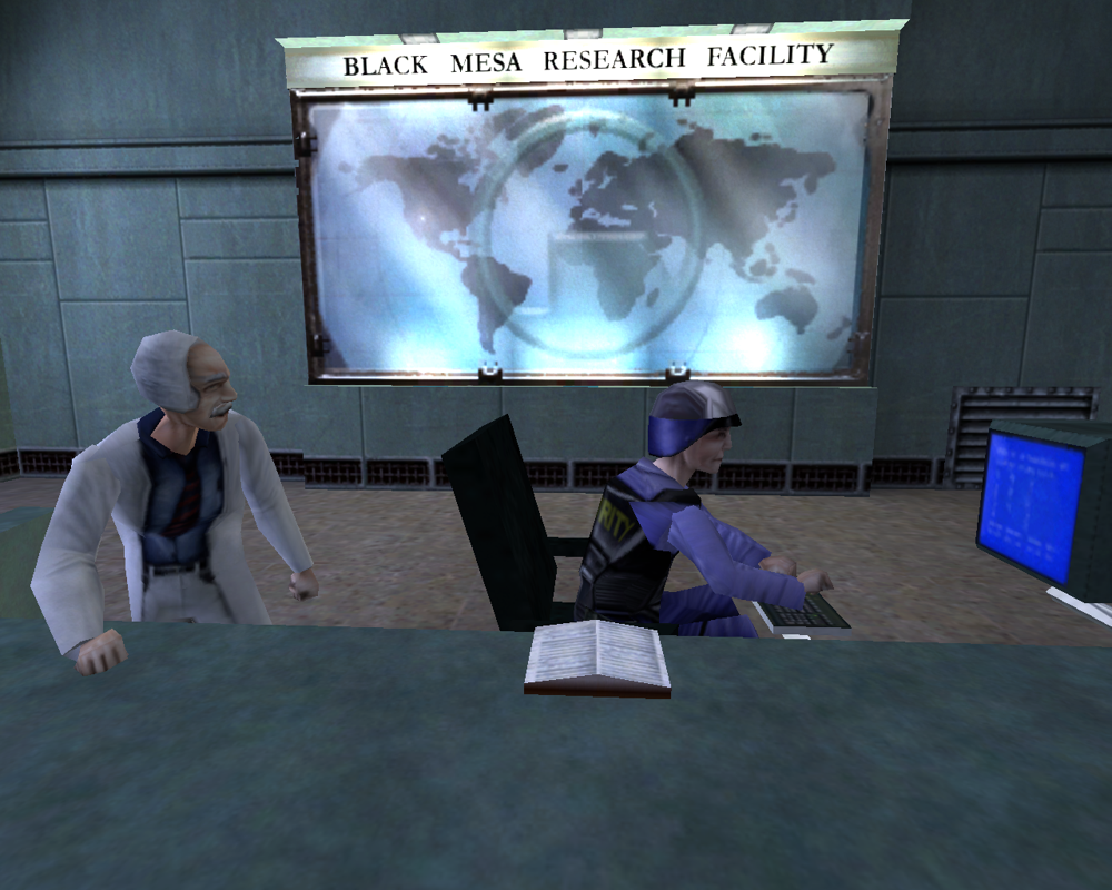 Half-Life: Source (Windows) screenshot: At the reception desk, Security Officer Barney Calhoun tries to retrieve his files after a system-crash while a Black Mesa Scientist looks on.