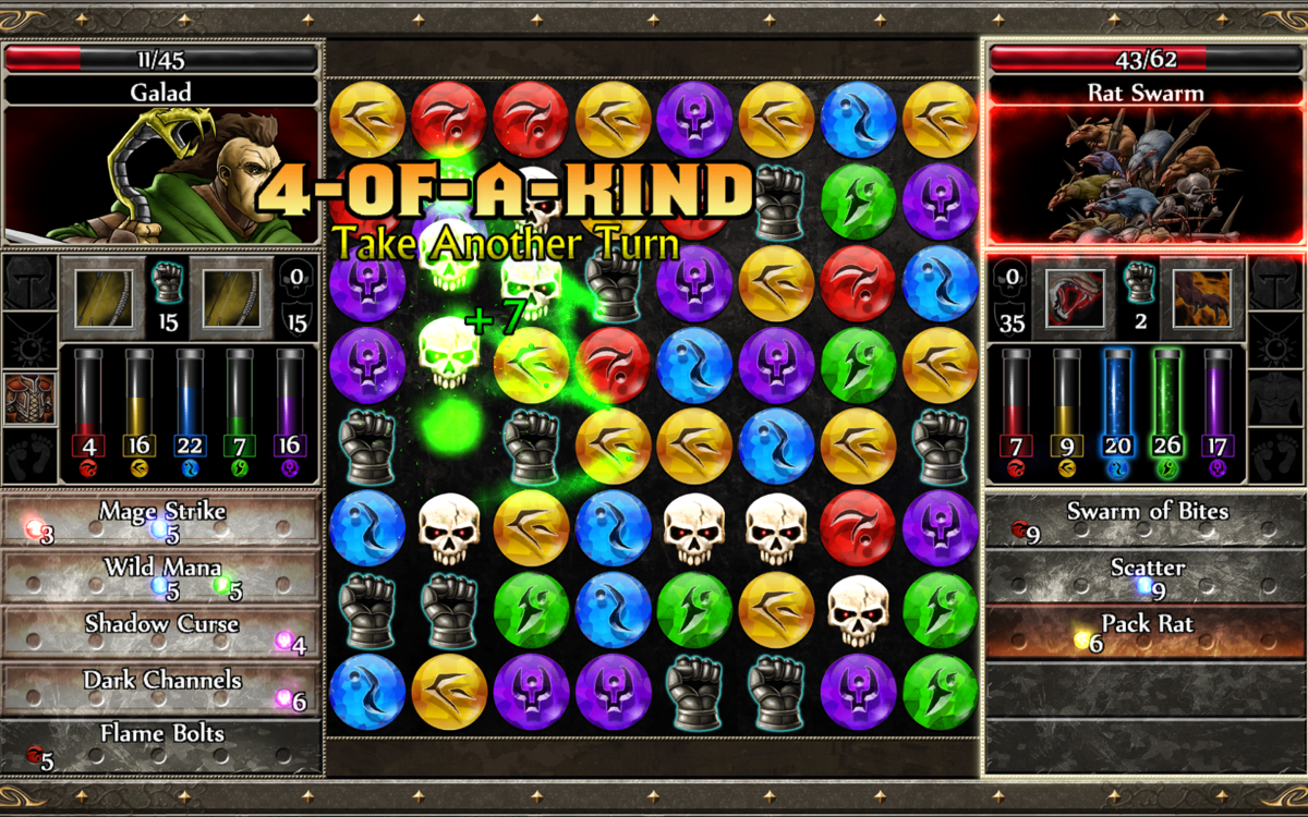 Puzzle Quest 2 (Windows) screenshot: A match of four leads to an extra turn