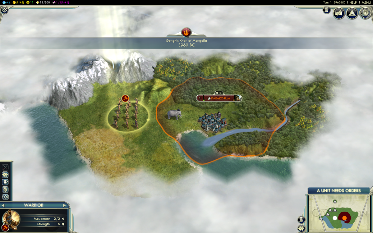 Sid Meier's Civilization V (Windows) screenshot: Starting a new game as Genghis Khan.