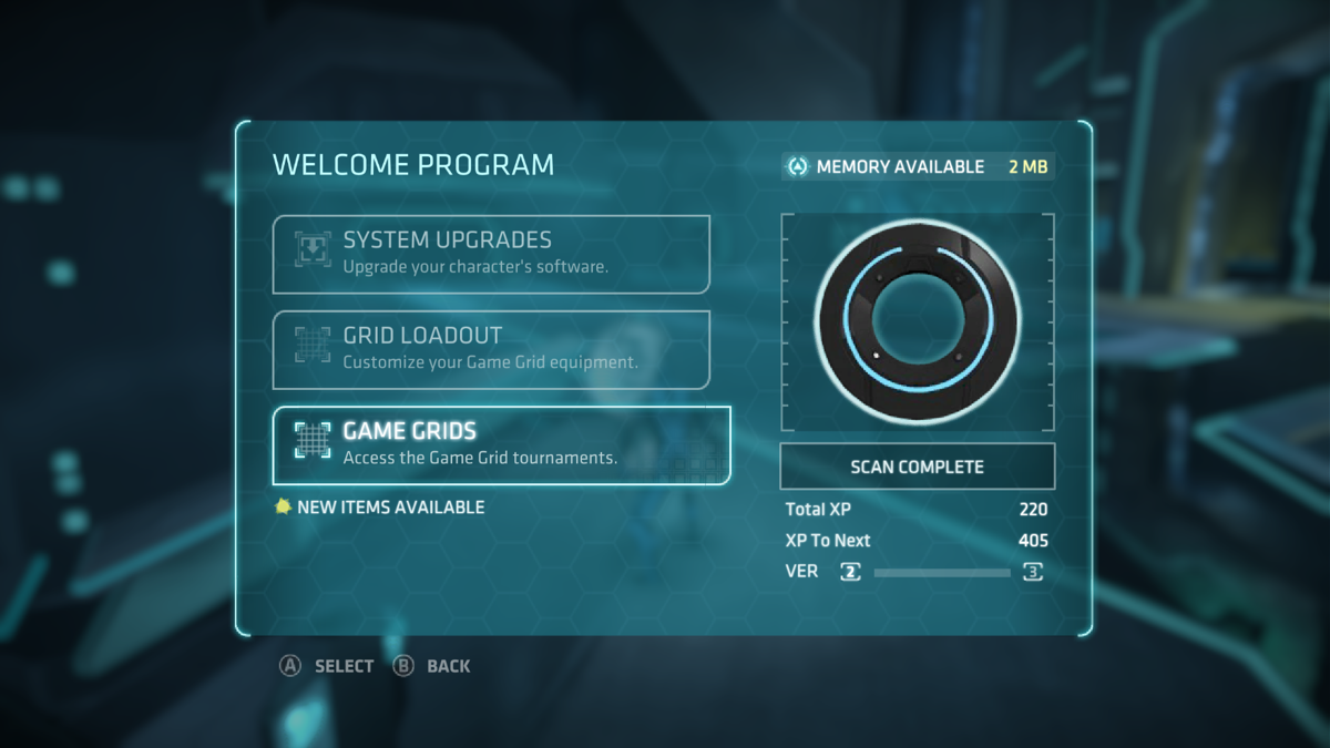 Tron: Evolution (Windows) screenshot: Save stations allows to upgrade software, change weapon layouts and access multiplayer.