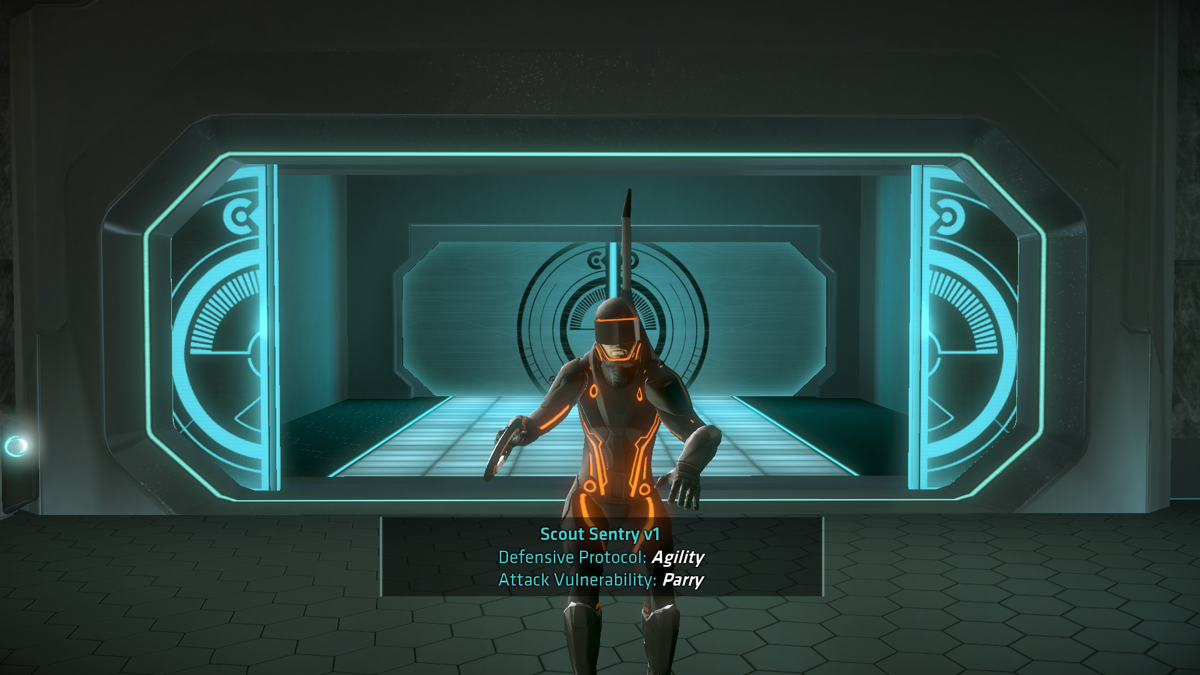 Tron: Evolution (Windows) screenshot: Each enemy has weak points, try to use suitable weapon against them.