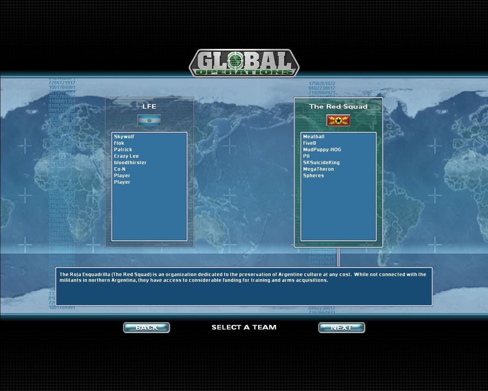 Global Operations (Windows) screenshot: The last mission page allows you to choose your team. The left side is the "good guys" and the right side is the "bad guys".