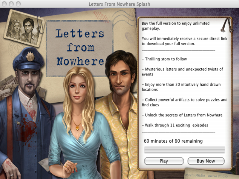 Letters from Nowhere (Macintosh) screenshot: Demo - 60 min time limit until key purchase