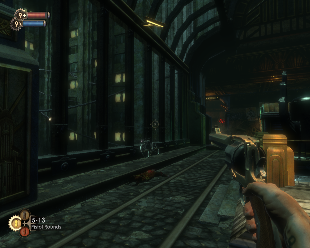 BioShock (Windows) screenshot: Olympus Heights - once home of the rich, now a desolate place with corpses and bicycles. And then they ask why pride is the worst sin!..