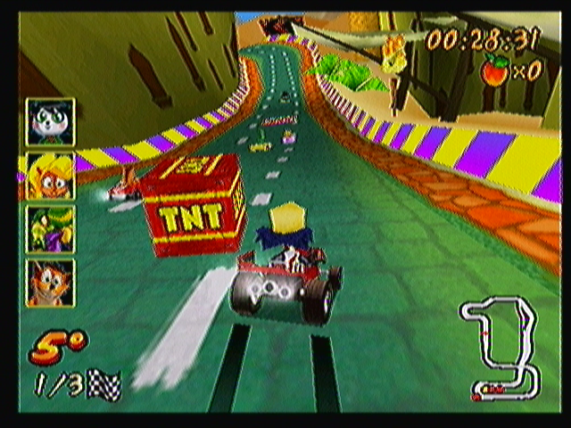 Crash Bandicoot Nitro Kart 3D (Zeebo) screenshot: Racing a cup with Cortex. Hitting those TNT crates will slow you down a lot.