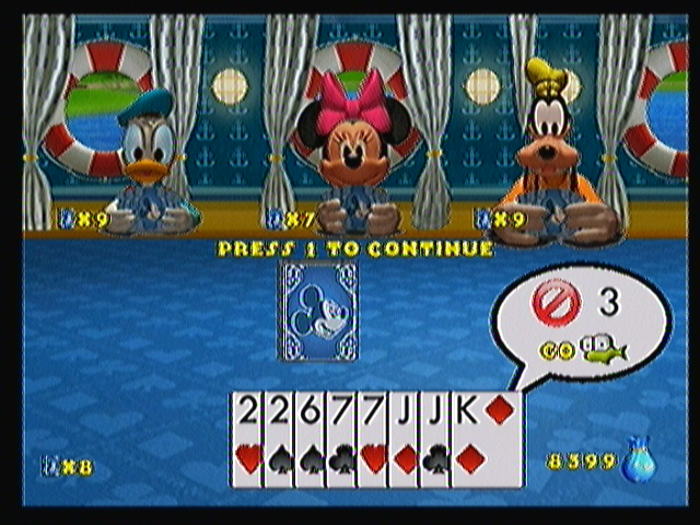 Disney's All Star Cards (Zeebo) screenshot: Donald just asked me for 3s and, as I have none, I told him to "Go Fish" for it in the discard pile.