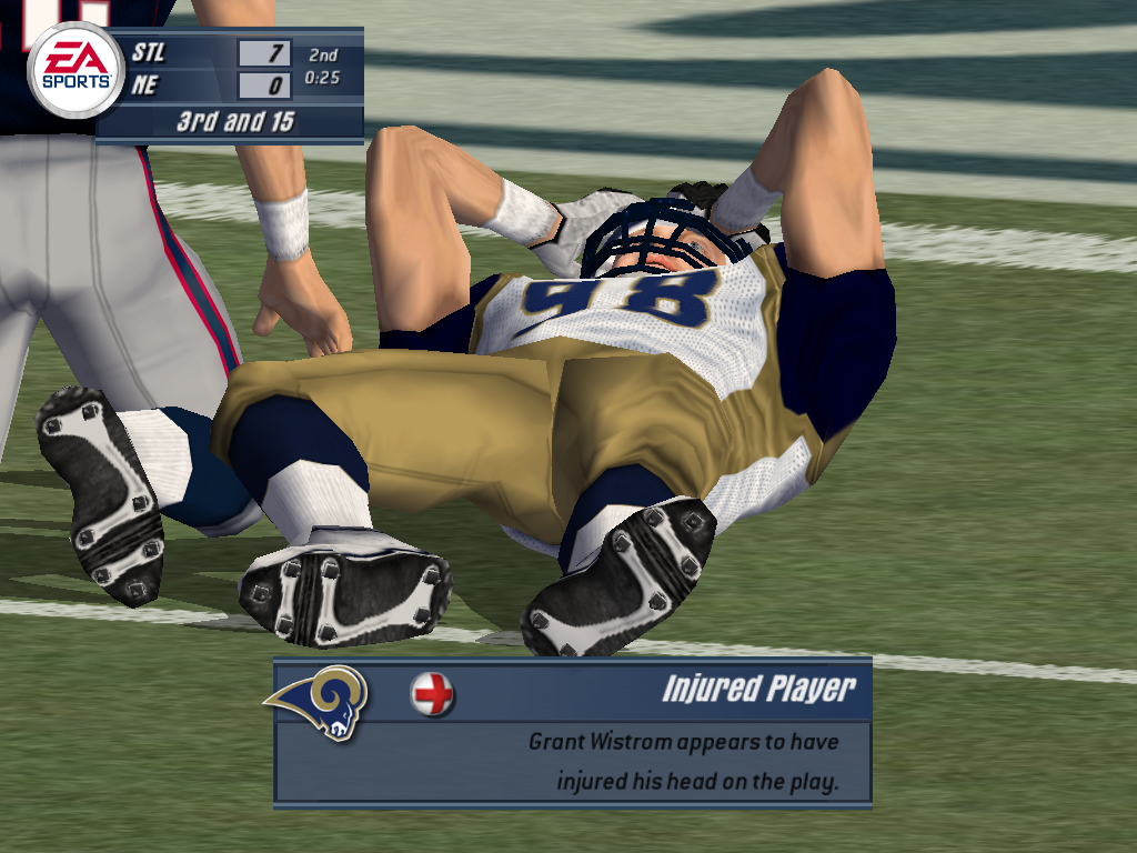 Madden NFL 2003 (Windows) screenshot: Grant Wistrom suffers a head injury.