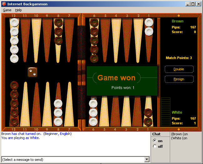 Microsoft Windows XP (included games) (Windows) screenshot: Backgammon pop-up shown after winning game.