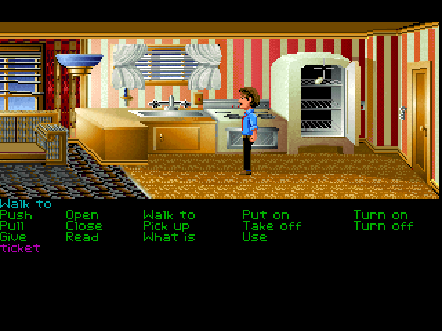 Zak McKracken and the Alien Mindbenders (FM Towns) screenshot: Lots of stuff to do in Zak's apartment... just pay attention to everything