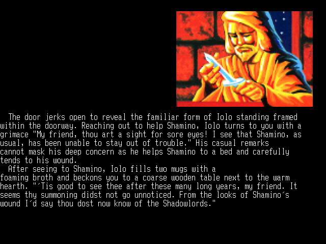 Ultima V: Warriors of Destiny (FM Towns) screenshot: Iolo explains the situation