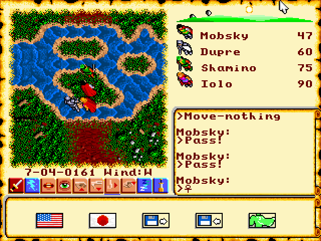 Ultima VI: The False Prophet (FM Towns) screenshot: There is no "world map" in Ultima VI. The huge world is completely seamless. We are in the wilderness already
