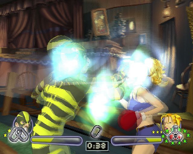 Black & Bruised (PlayStation 2) screenshot: When both players are using power ups it can be hard to see where to aim your punch
