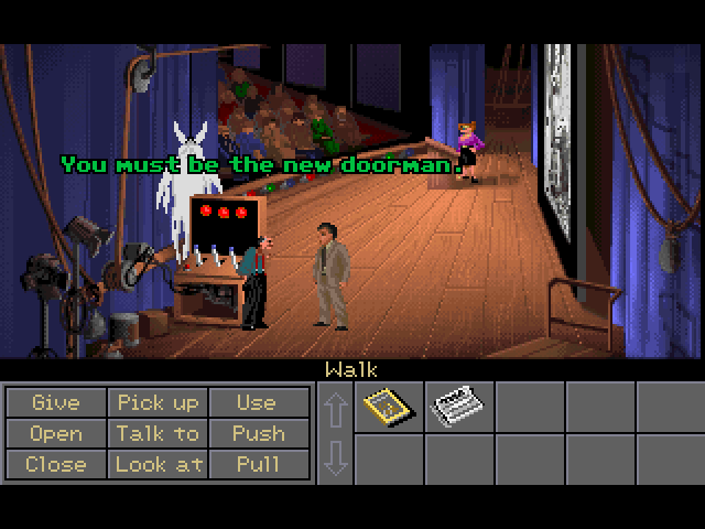 Indiana Jones and the Fate of Atlantis (FM Towns) screenshot: Hmm, now how can I stop this educational lecture?..