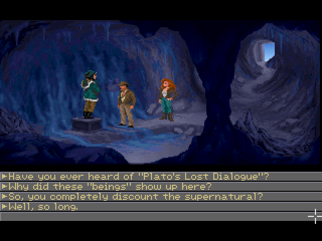 Indiana Jones and the Fate of Atlantis (FM Towns) screenshot: Talking to the unfriendly Mr. Heimdall