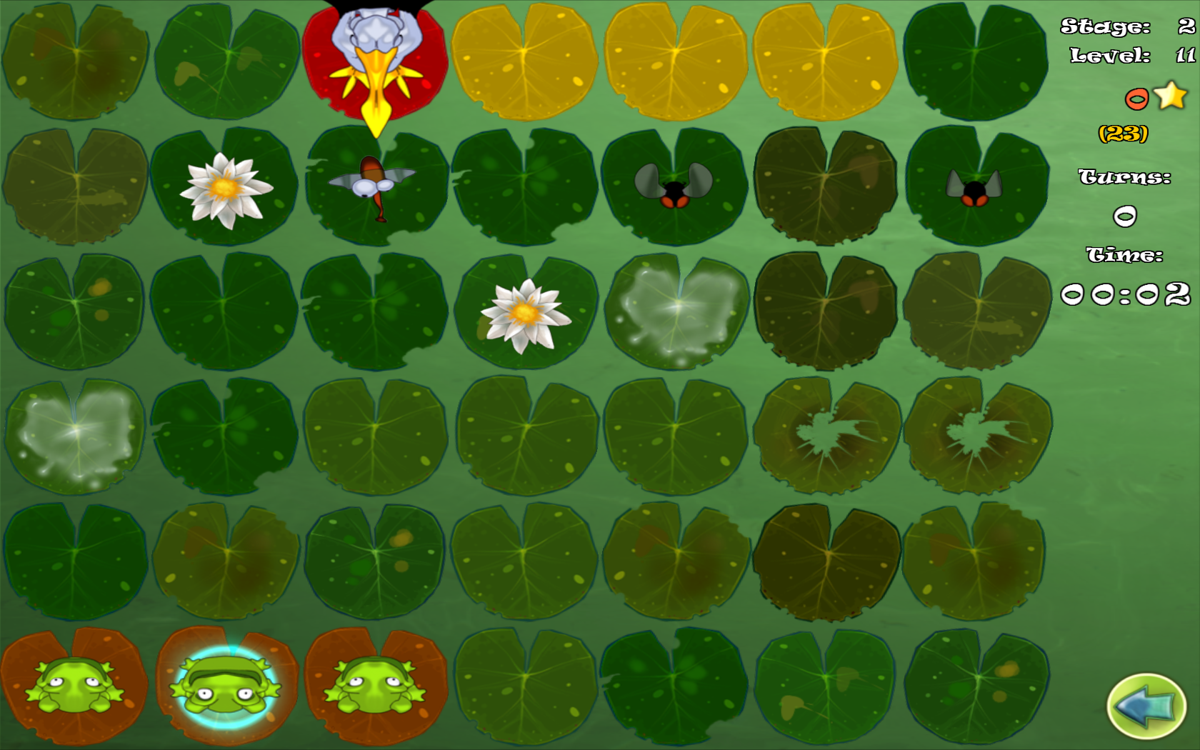Frogs vs. Storks (Windows) screenshot: A more difficult level: three frogs to control, slipperly lilies and lilies with holes that transport the frogs back.