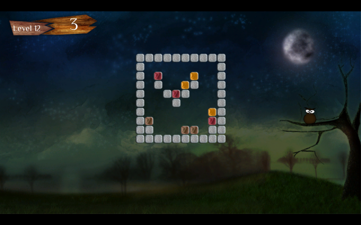Vizati (Windows) screenshot: The characters have gone to sleep. I'm playing at night with an owl. I have three actions to complete this puzzle.