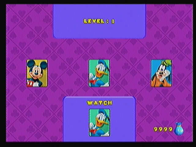Disney's All Star Cards (Zeebo) screenshot: Memory Master, level 1. I'll have to find the card that matches the one at the bottom of the screen.