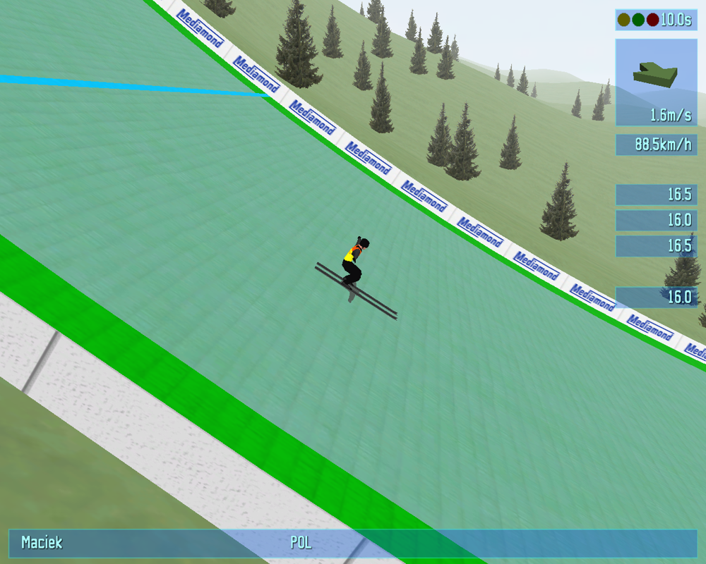Deluxe Ski Jump 3 (Windows) screenshot: This kind of landing isn't as stylish as telemark, but it is safer on longer distances.