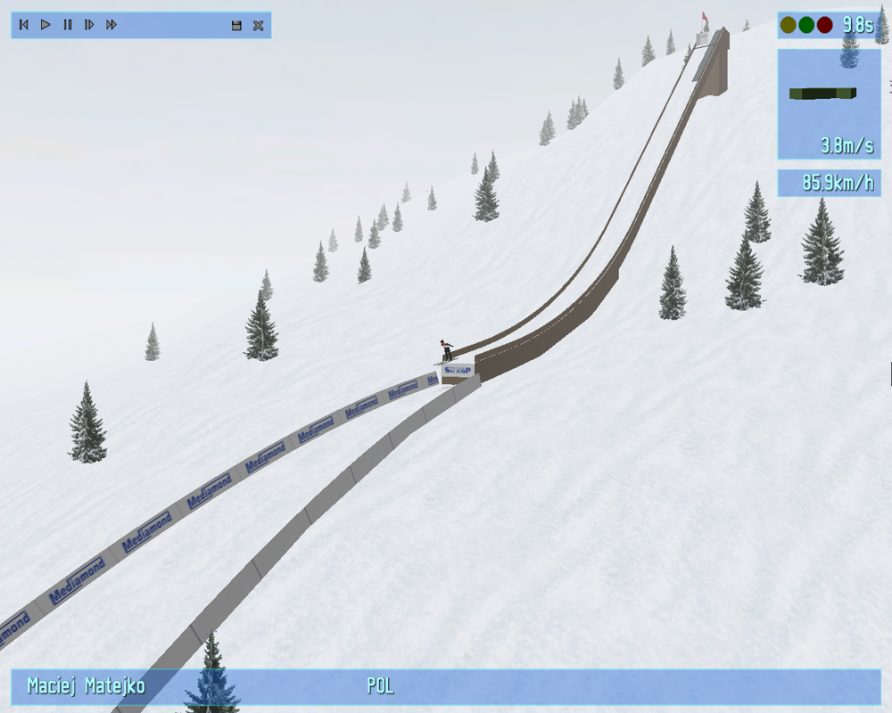 Deluxe Ski Jump 3 (Windows) screenshot: Viewing a replay from helicopter camera.