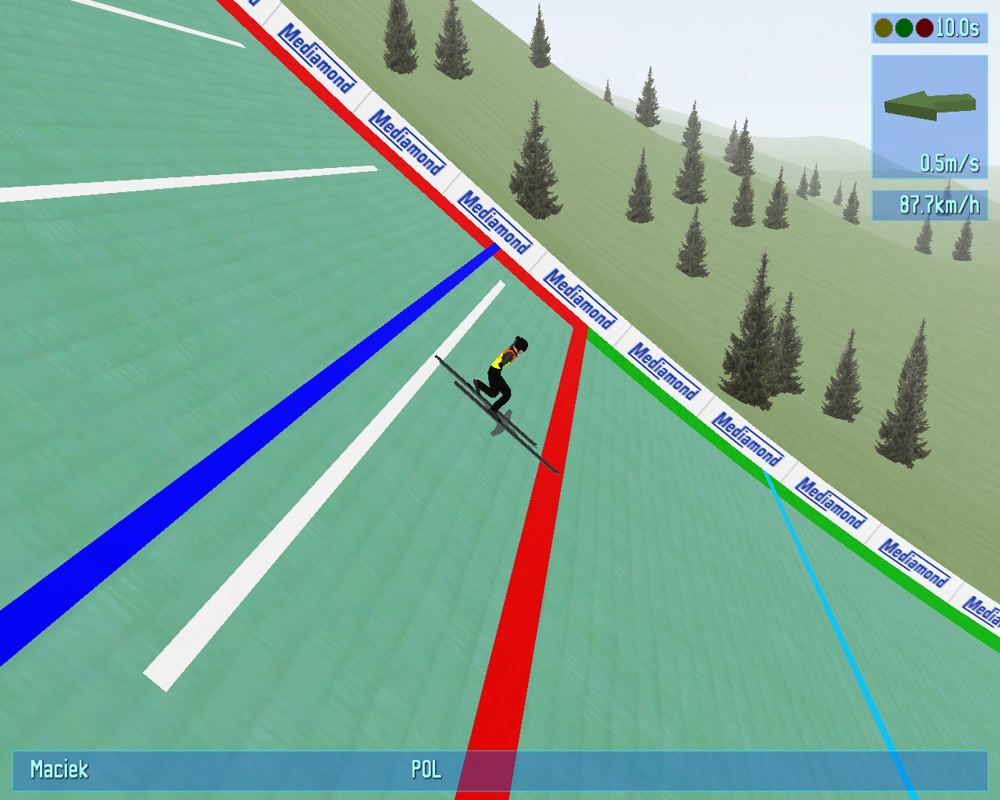 Deluxe Ski Jump 3 (Windows) screenshot: Telemark landing is the most stylish and it will give you the most points.