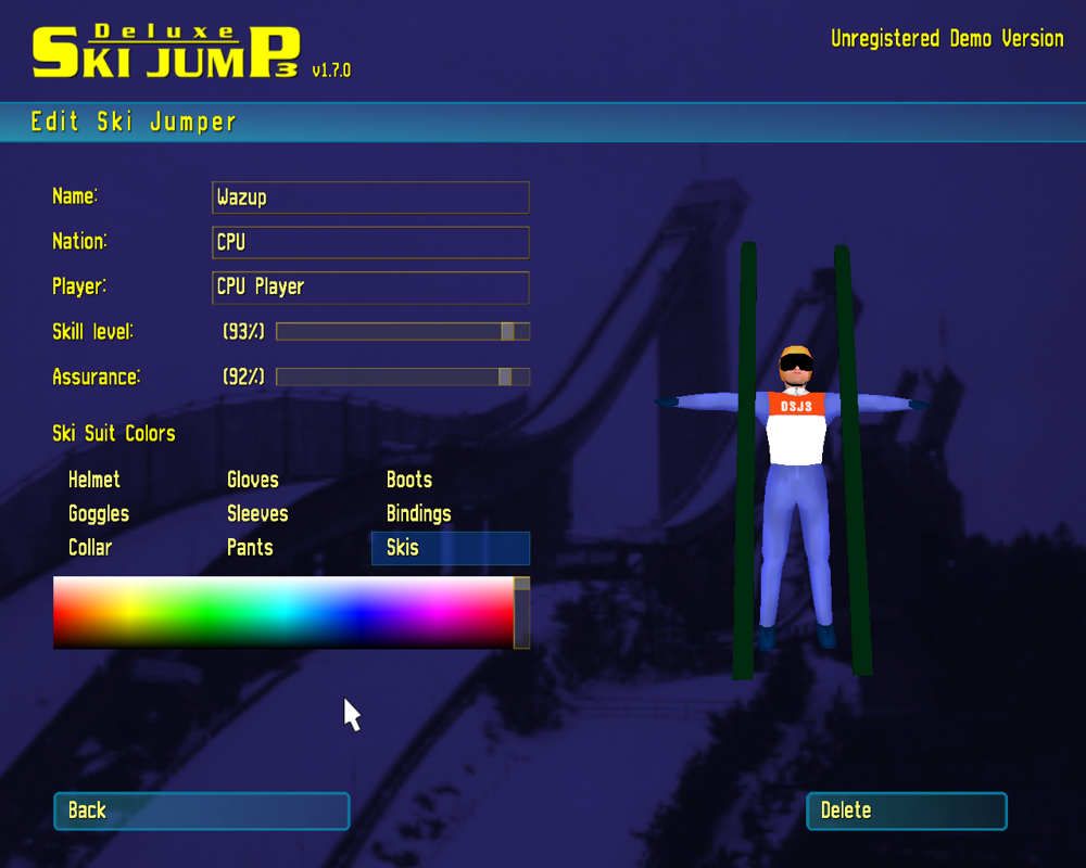 Deluxe Ski Jump 3 (Windows) screenshot: You can change colours of your suit and skis. CPU's skill level is adjustable.