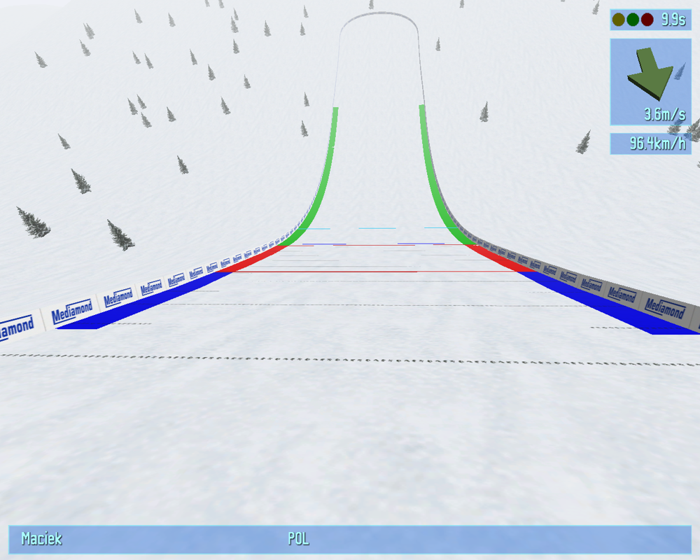 Deluxe Ski Jump 3 (Windows) screenshot: First person camera looks nice, but it's hard to jump like this.