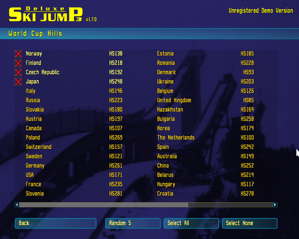 Deluxe Ski Jump 3 (Windows) screenshot: Hill selection screen.