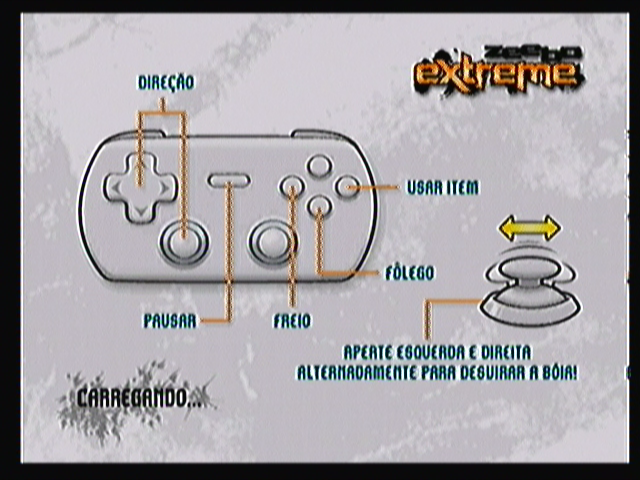 Zeebo Extreme Bóia-Cross (Zeebo) screenshot: The loading screen shows tips like how the game is controlled using the Z-Pad.