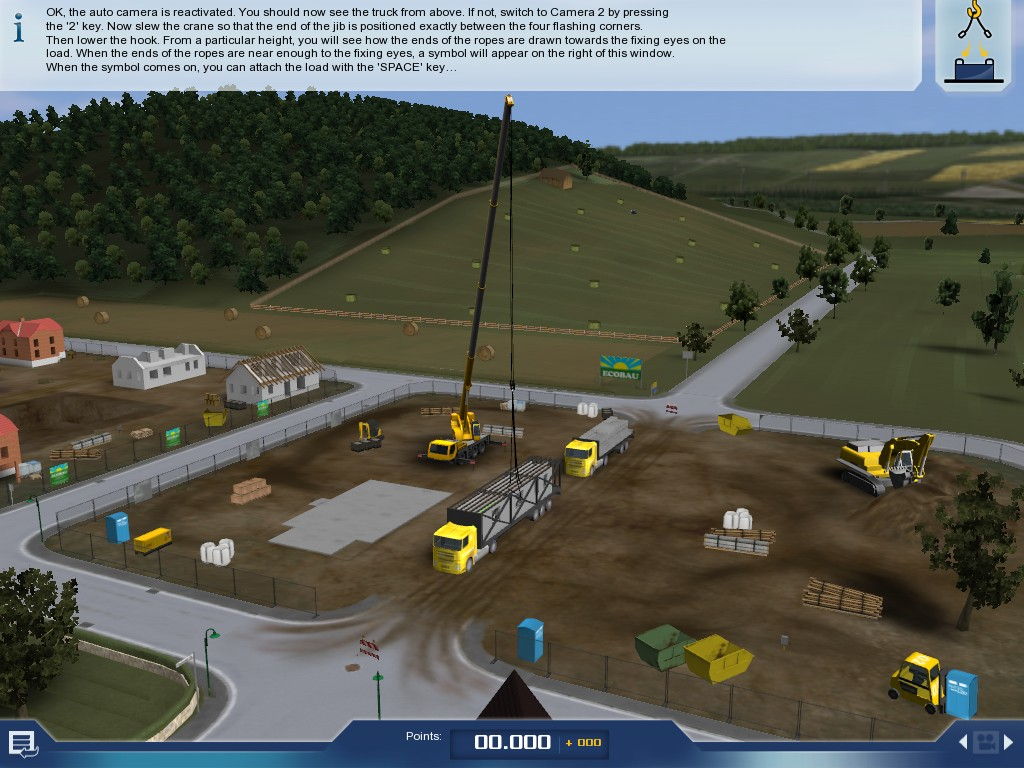 Crane Simulator 2009 (Windows) screenshot: Another view showing the first wall about to be lifted. The icon in the top right says the hooks have been attached and now is a good time to lift
