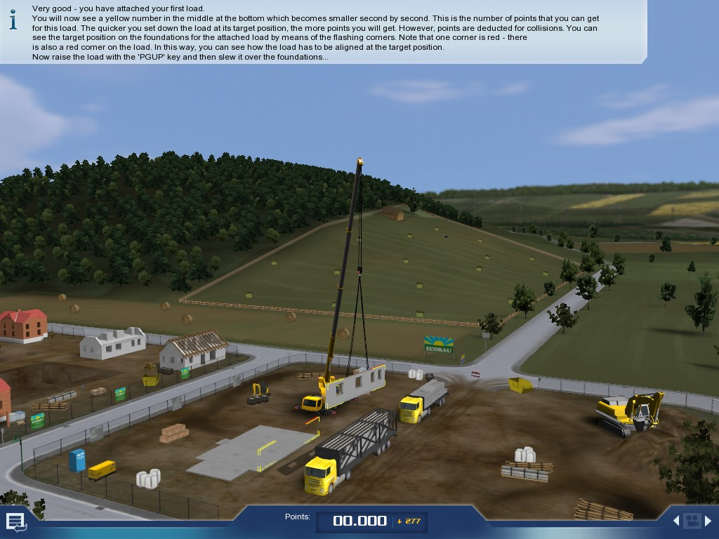 Crane Simulator 2009 (Windows) screenshot: The first wall is on its way, the outline shows whee it goes