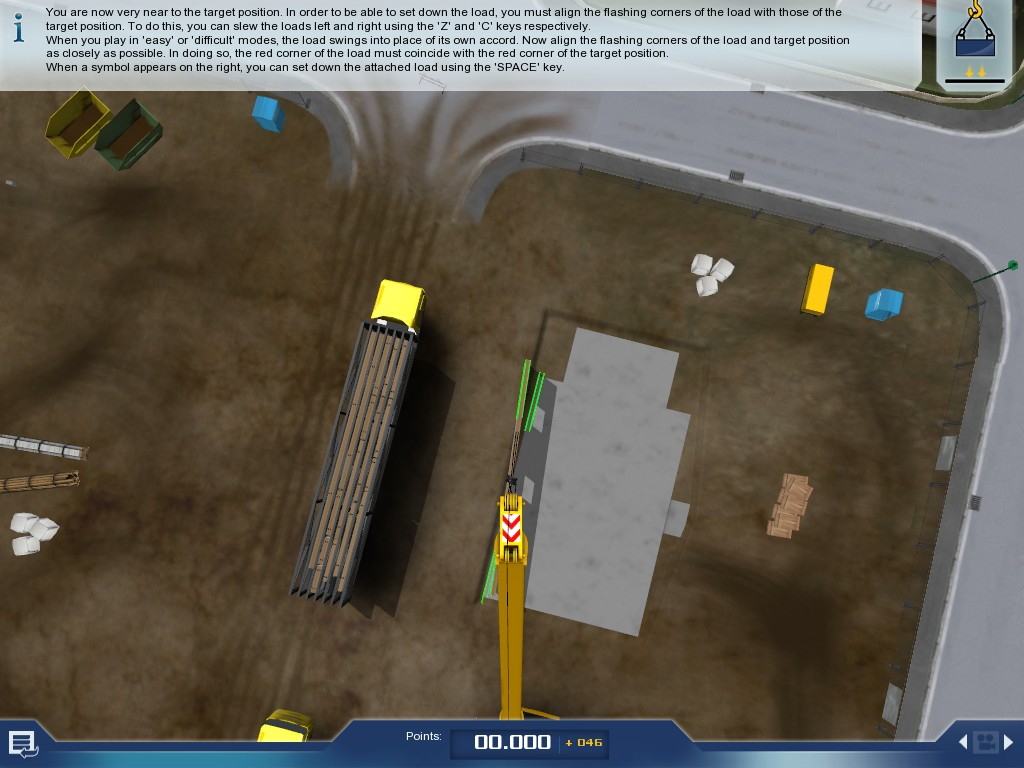 Crane Simulator 2009 (Windows) screenshot: When a load is almost in position the highlight on both load & drop point become green and a 'drop' icon appears in the top right