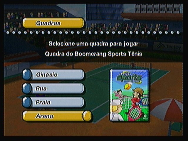 Boomerang Sports Peteca (Zeebo) screenshot: Selecting the court. If you have any other Zeebo Sports game, you can unlock its court and select it. Here I'm choosing <moby game="Zeebo Sports Tênis">Zeebo Sports Tênis</moby>' court.