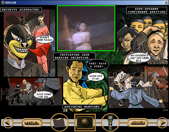 Reflux: Issue.01 - "The Becoming" (Windows 3.x) screenshot: The top centre storyboard panel has triggered digital video!