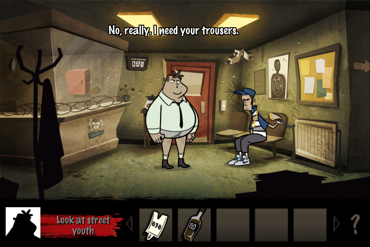 Hector: Episode 1 - We Negotiate with Terrorists (Windows) screenshot: Not that Hector can't leave without trousers, rather previous experience tells him not to.