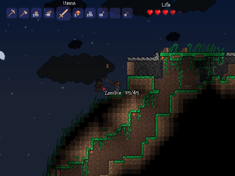Terraria (Windows) screenshot: Battling a zombie during the night