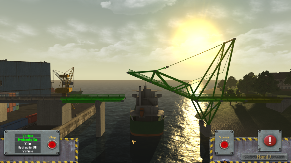 Bridge! The Construction Game (Windows) screenshot: Talking about combinations: bascule cable-stayed bridge with truss section.