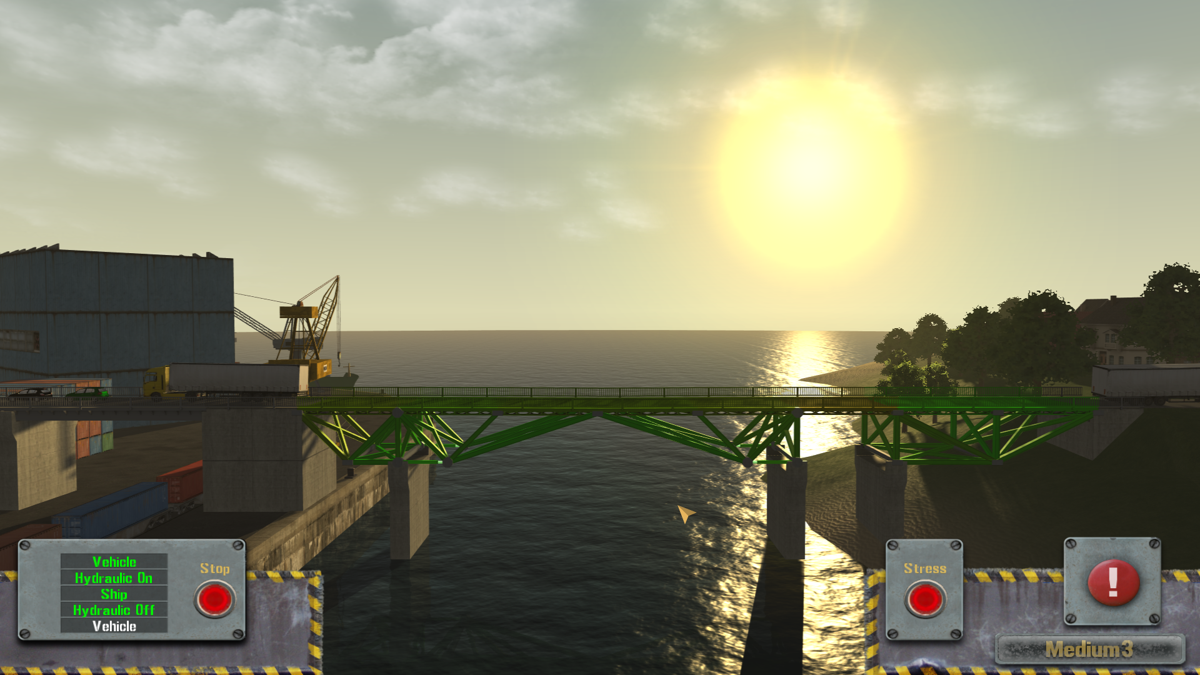 Bridge! The Construction Game (Windows) screenshot: Now both hydraulics tested are passed, but "off" part tension might be different than at "on" and everything might crumble.