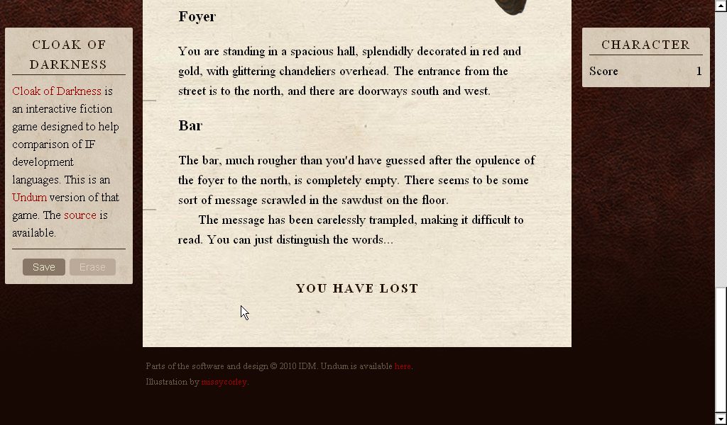 Cloak of Darkness (Browser) screenshot: Game over!
