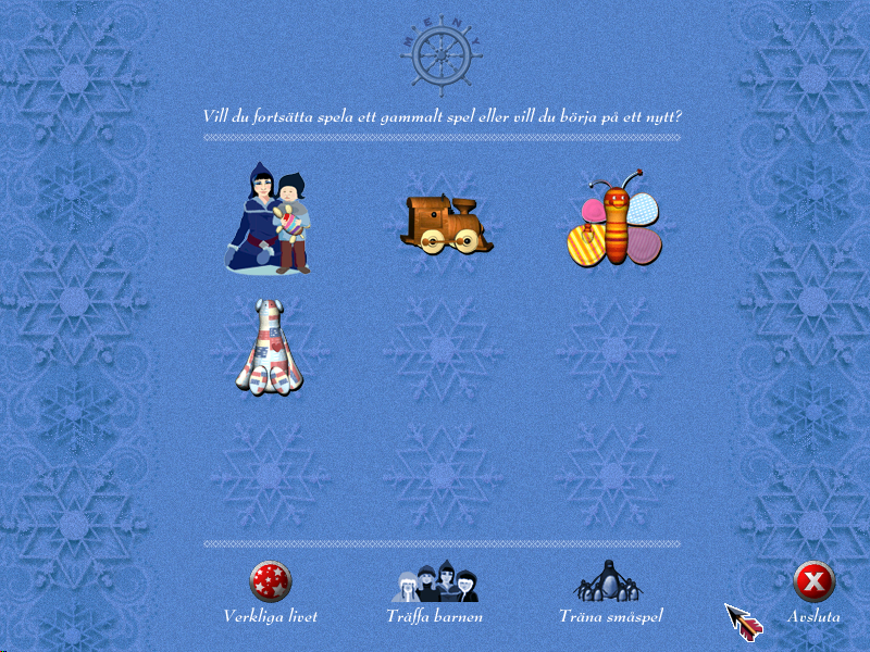 Istiden (Windows) screenshot: The main menu (each toy is a saved game)