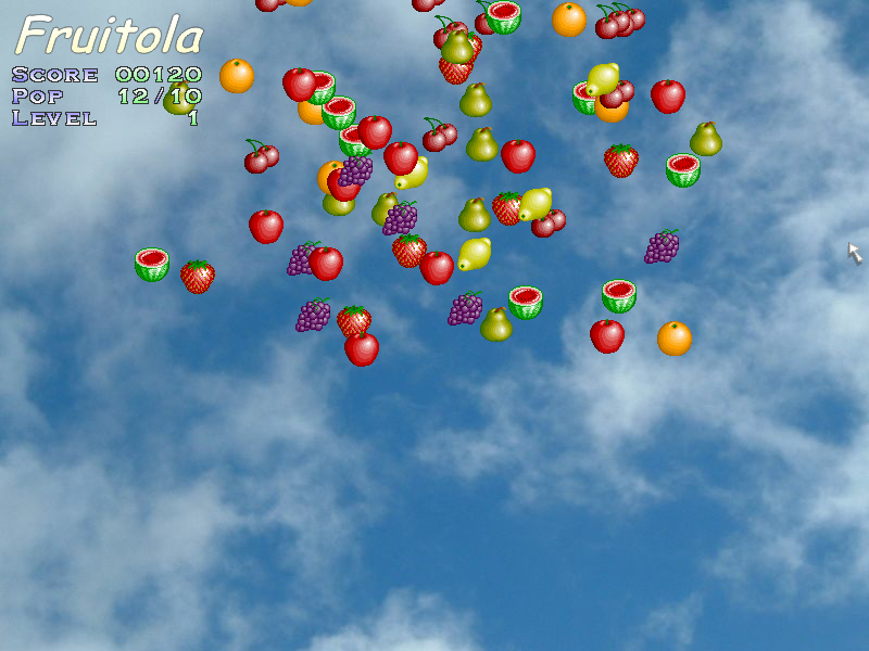 Fruitola (Windows) screenshot: When you clear a level. the fruit flies away.