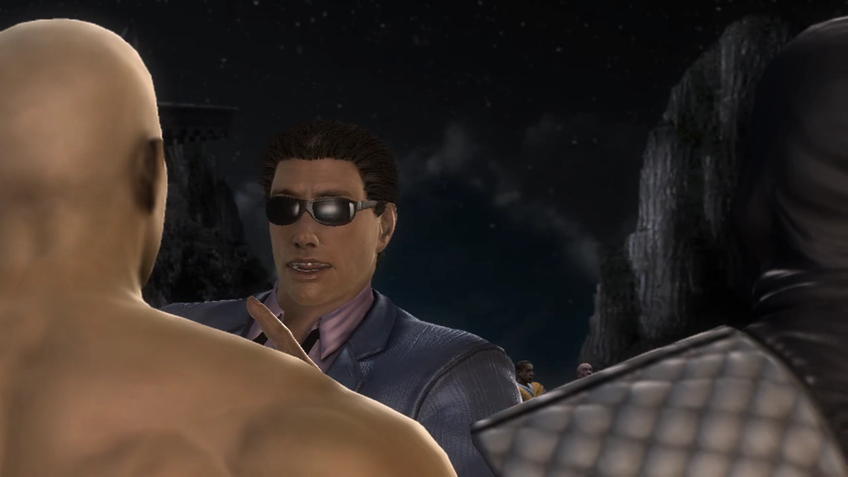 Mortal Kombat (PlayStation 3) screenshot: "I'm taking you down, I'm taking you down and I'm taking you down". Johnny Cage is so cocky.