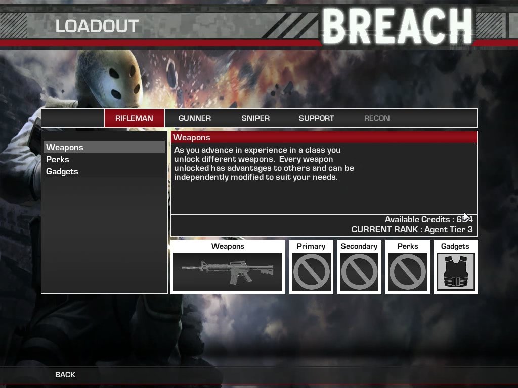 Breach (Windows) screenshot: Loadout - Weapons, Perks, Gadgets