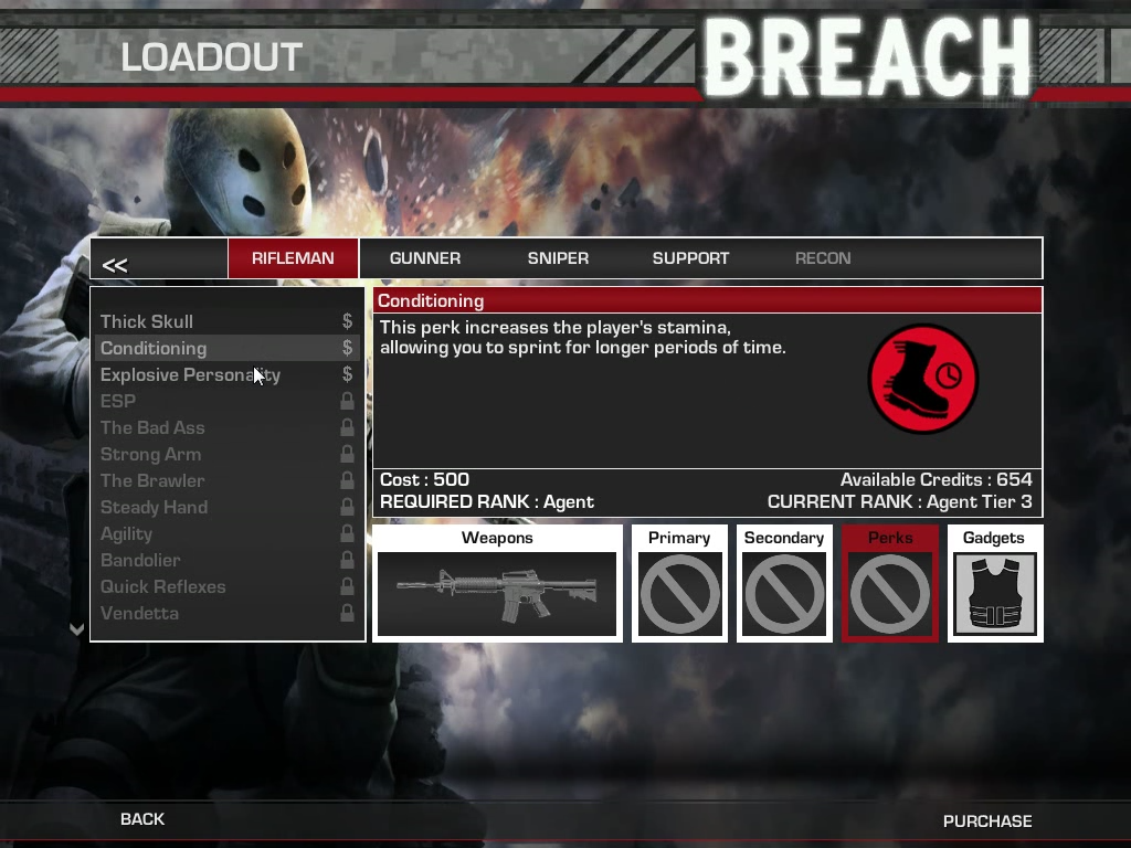 Breach (Windows) screenshot: Loadout - perks