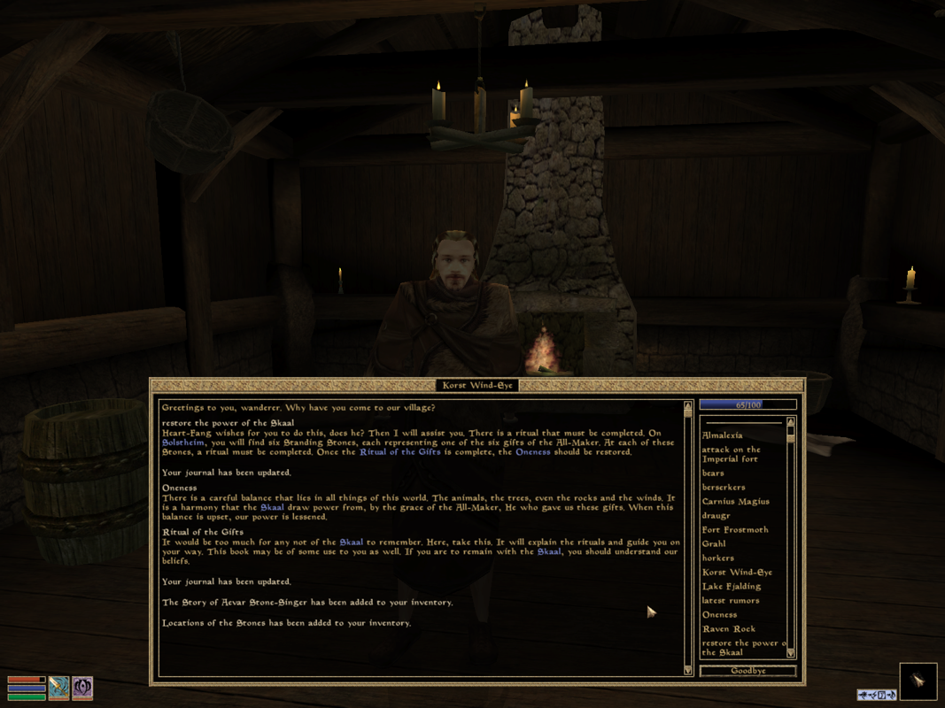 The Elder Scrolls III: Bloodmoon (Windows) screenshot: Talking to Korst Wind-Eye about the Ritual of the Gifts.
