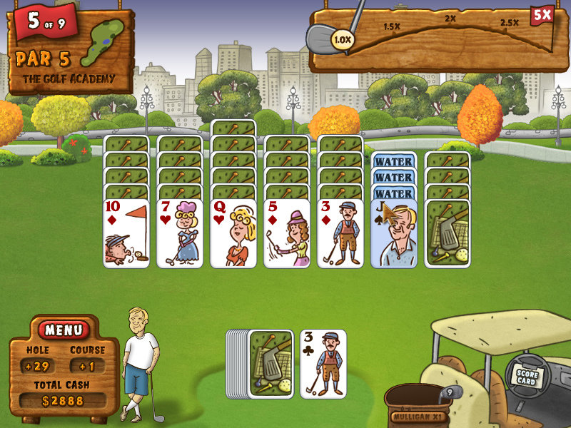 Fairway Solitaire (Windows) screenshot: I can't get to the far right row until I clear all the cards in the water hazard.