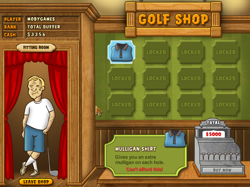 Fairway Solitaire (Windows) screenshot: The mulligan shirt is unlocked in the golf shop but I don't have enough money yet.