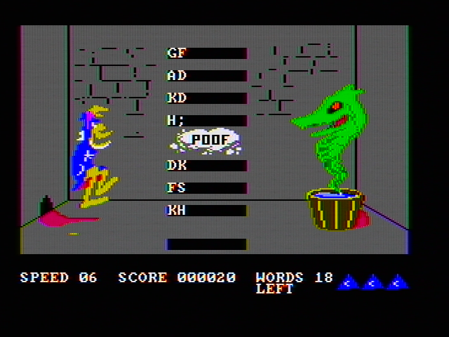 Wizard of Id's WizType (DOS) screenshot: Poof! There goes some successfully typed letters (CGA with composite monitor)