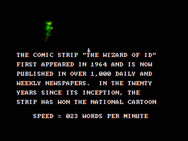 Wizard of Id's WizType (DOS) screenshot: Typing a paragraph (CGA with composite monitor)