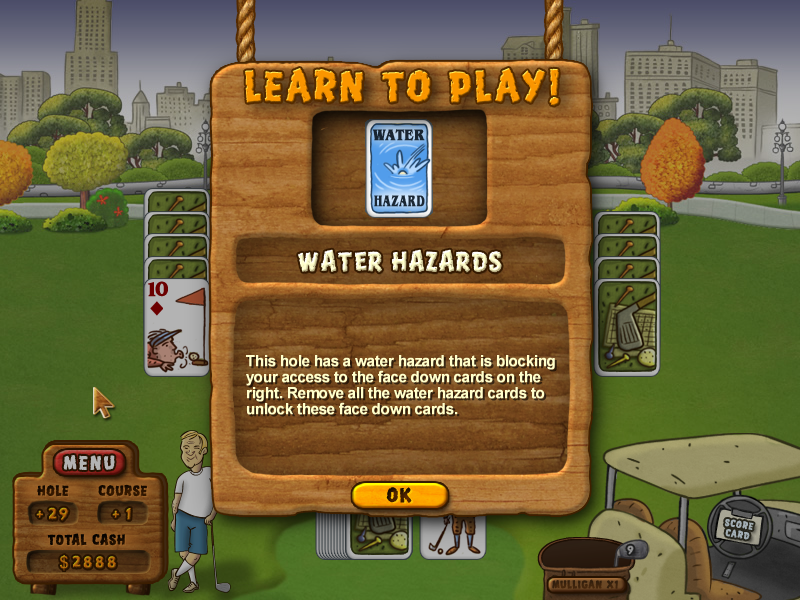 Fairway Solitaire (Windows) screenshot: Learning about water hazards.