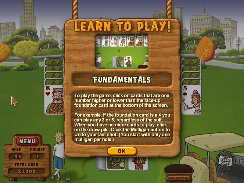 Fairway Solitaire (Windows) screenshot: Instructions for the basics.